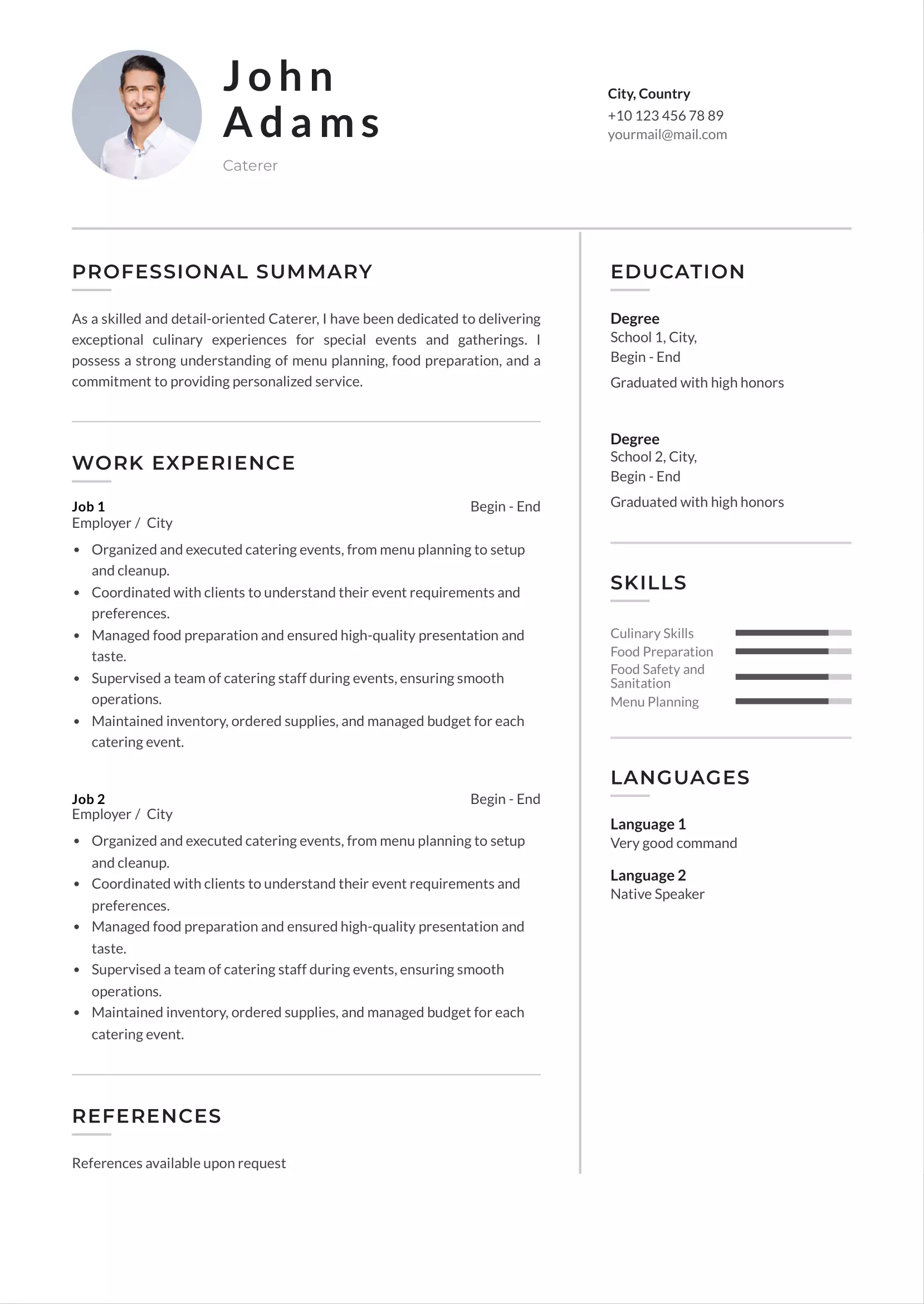 catering resume example CV