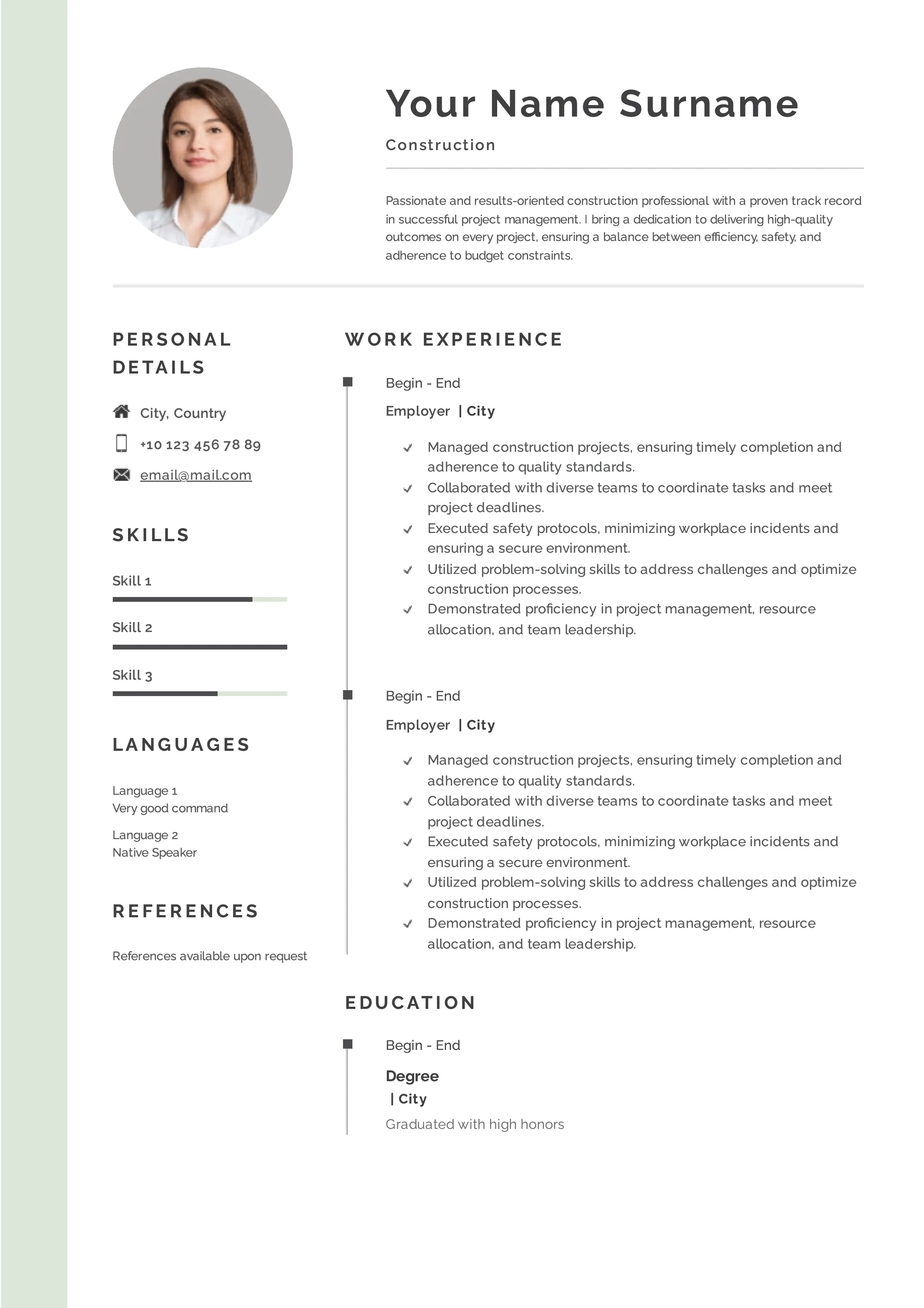 Construction resume example