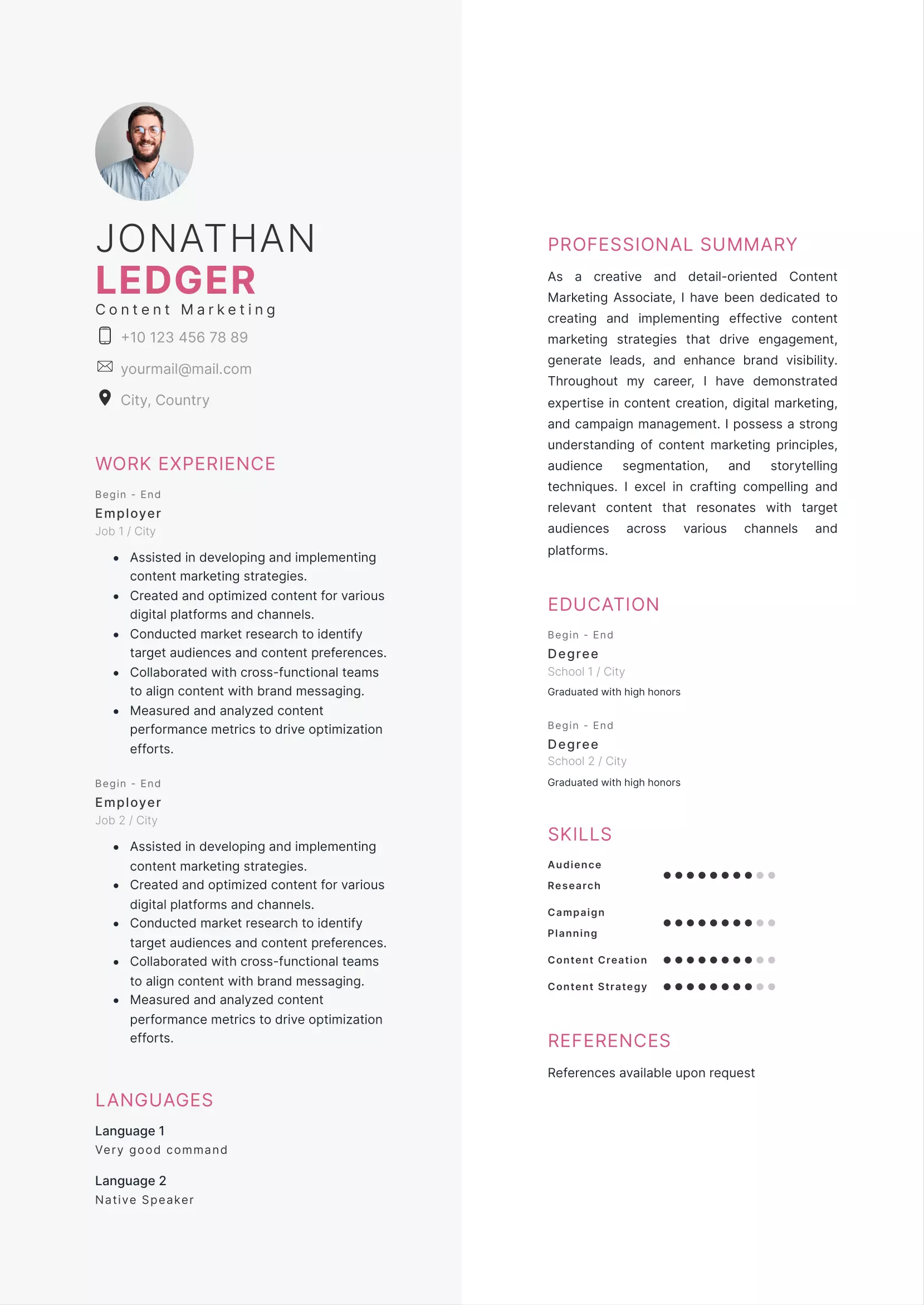 Content marketing resume CV
