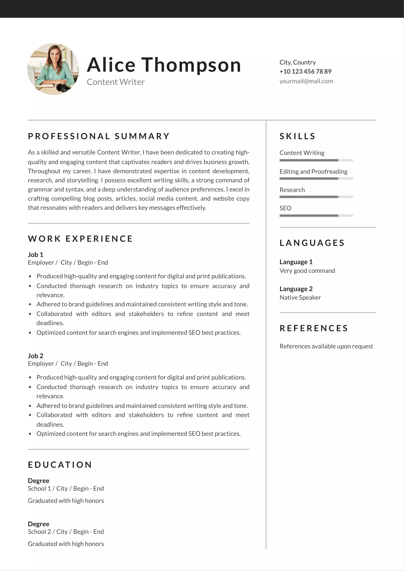 Content writer resume CV