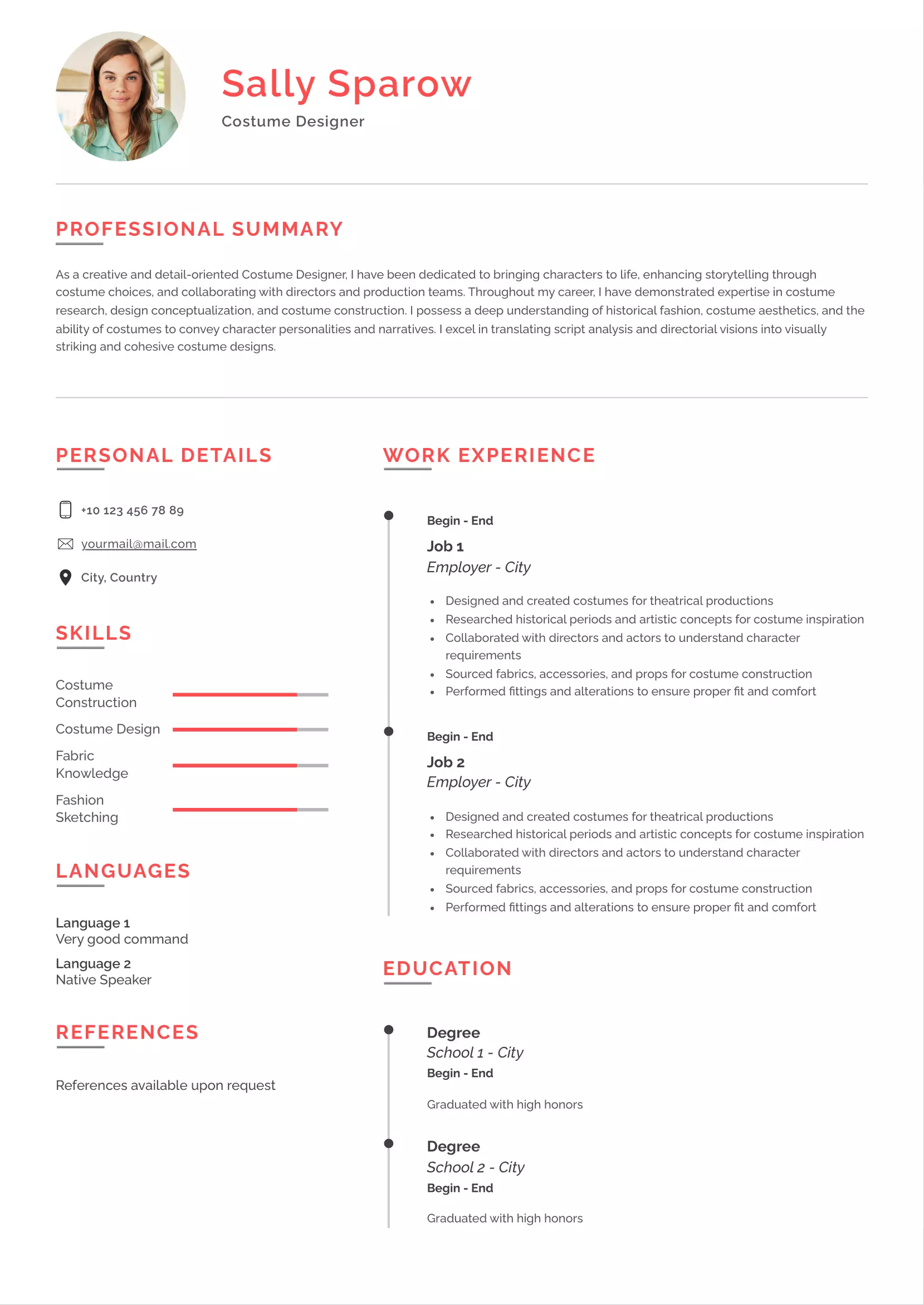 Costume designer resume CV