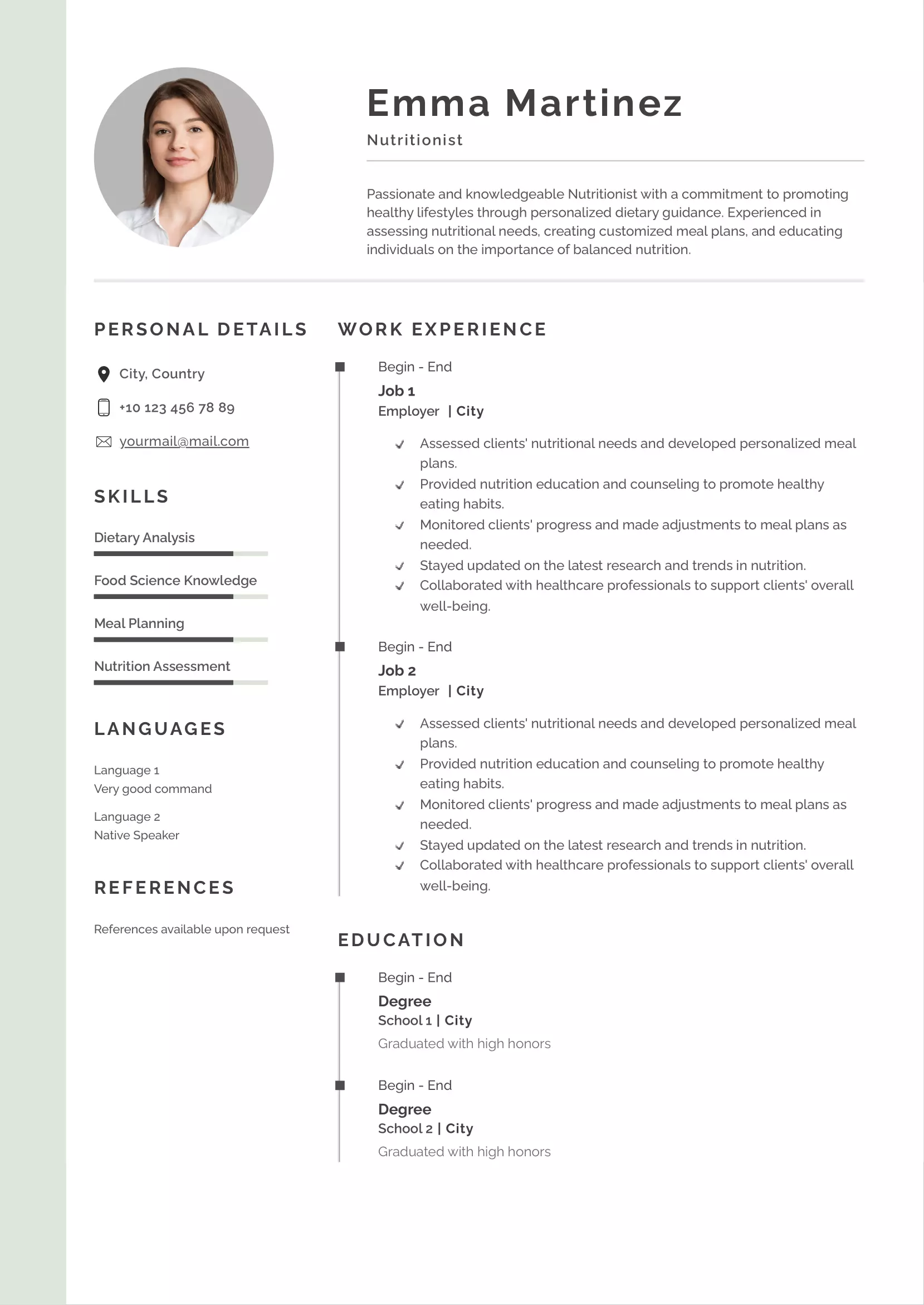 Nutritionist resume example