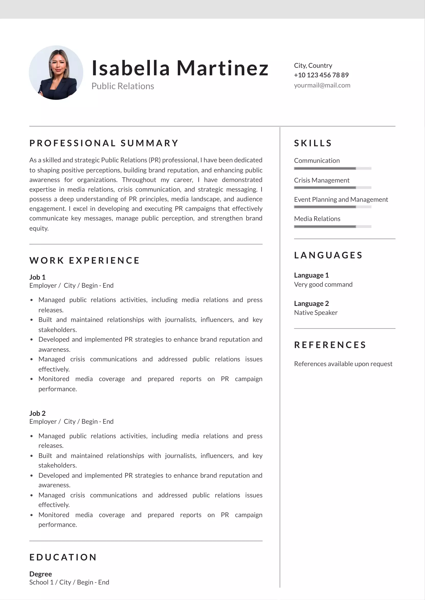 Public relations resume CV
