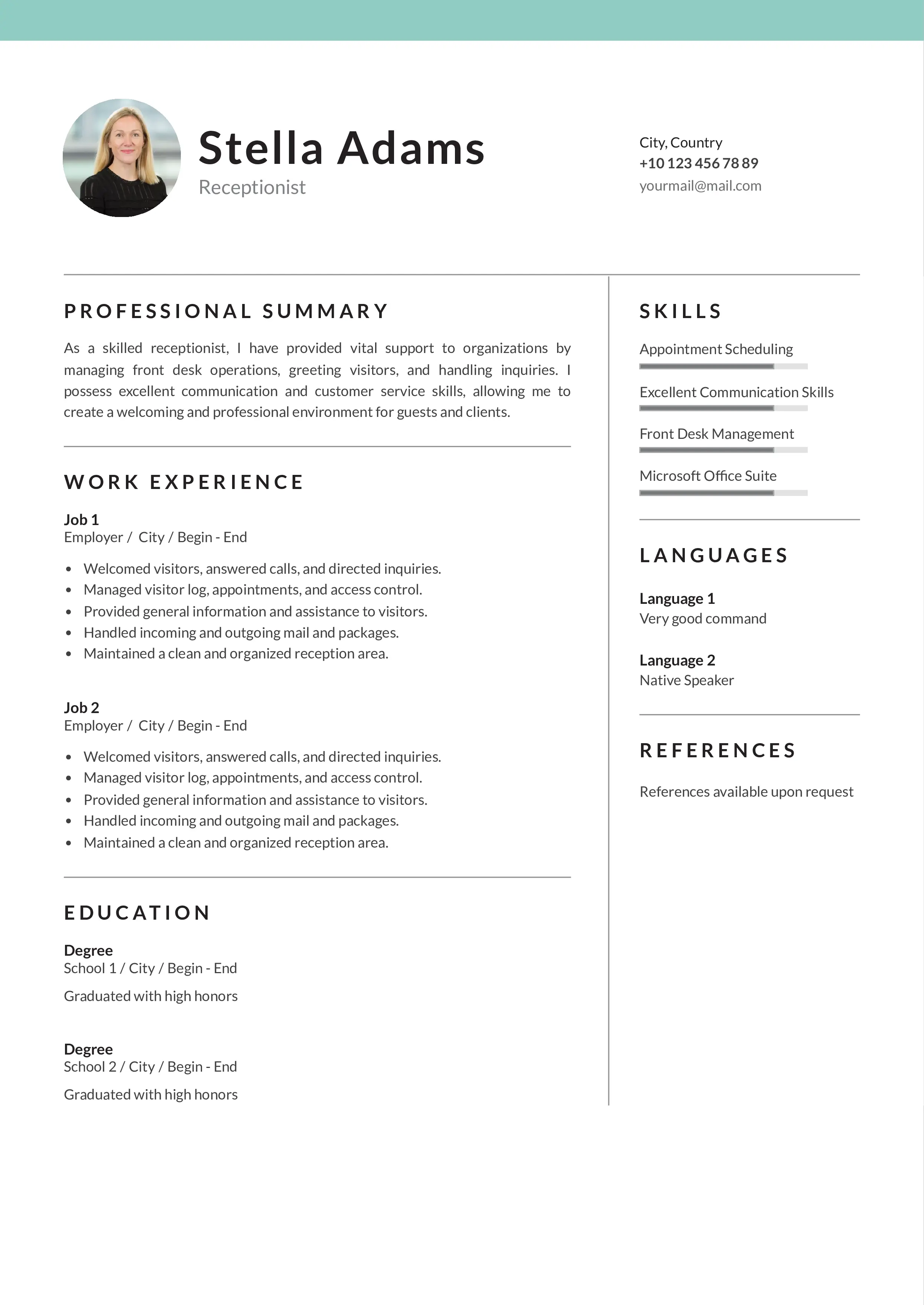 Receptionist resume CV
