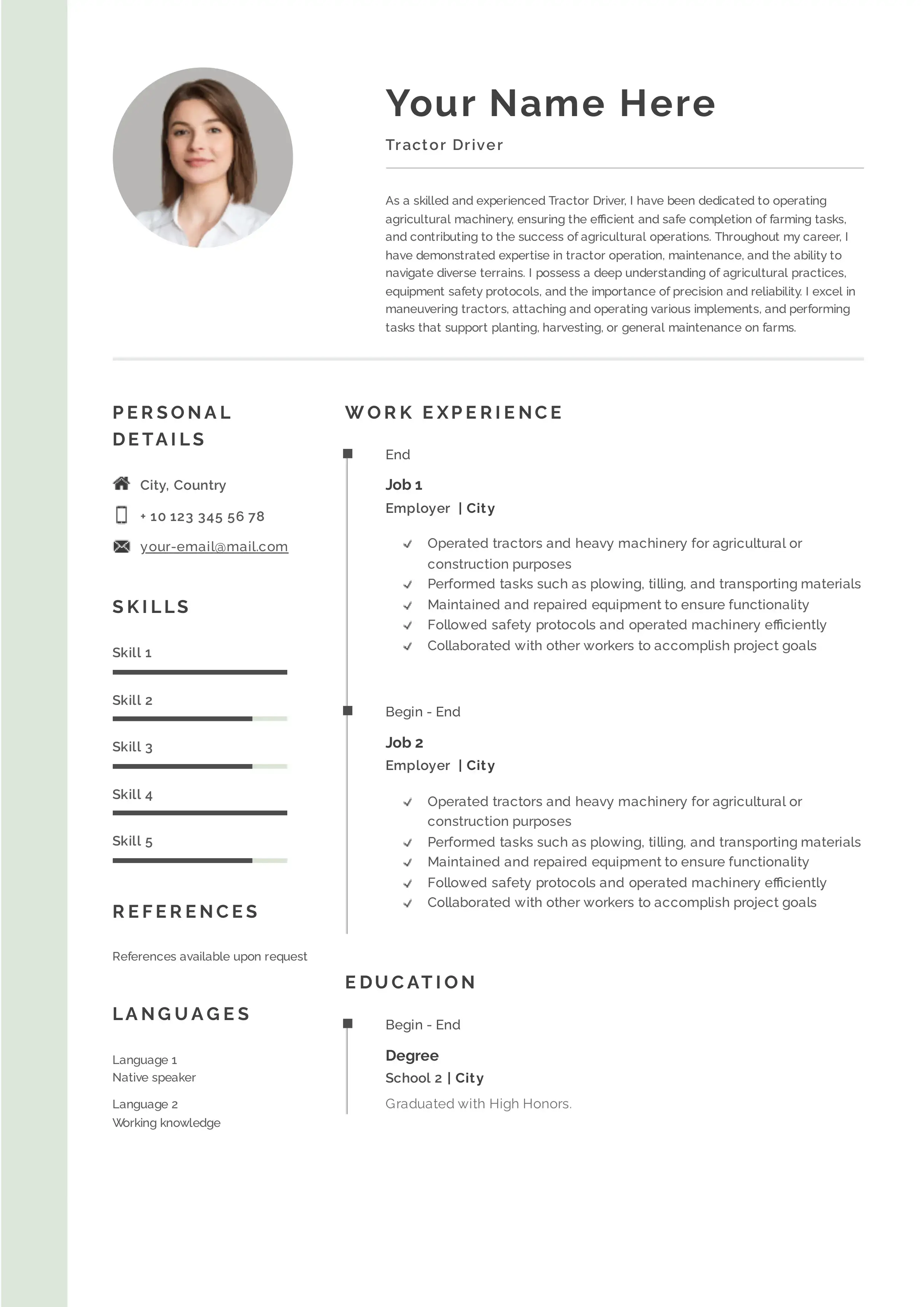 Tractor driver resume CV examples